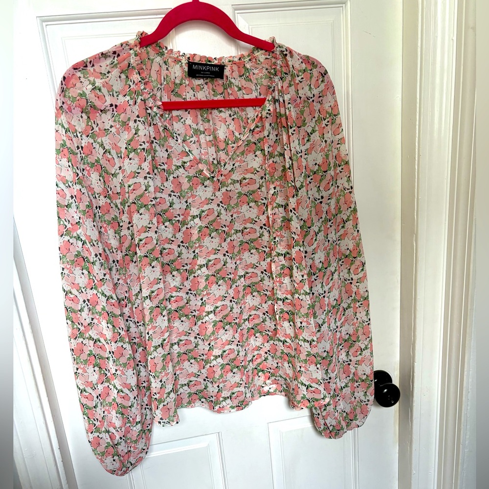 MINKPINK Floral Blouse - Pink and White